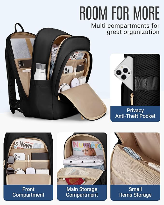 LIGHT FLIGHT Travel Laptop Backpack Women, 15.6 Inch Laptop Backpack with USB Charging Hole, Water Resistant College Bookbag, Black Computer Backpacks for Work, Gray