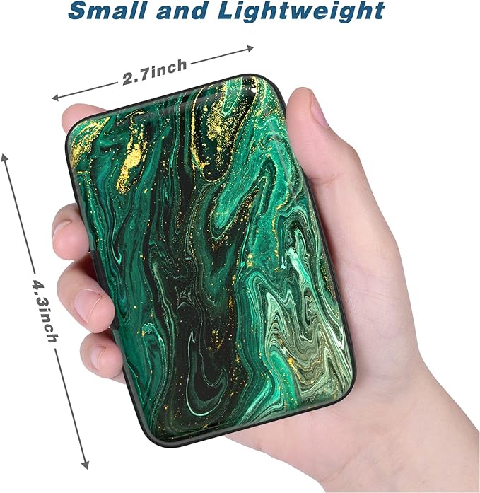Credit Card Holder, Mini Aluminum Card Wallet RFID Blocking Slim Metal Hard Card Case for Women Men, Green Gold Marble