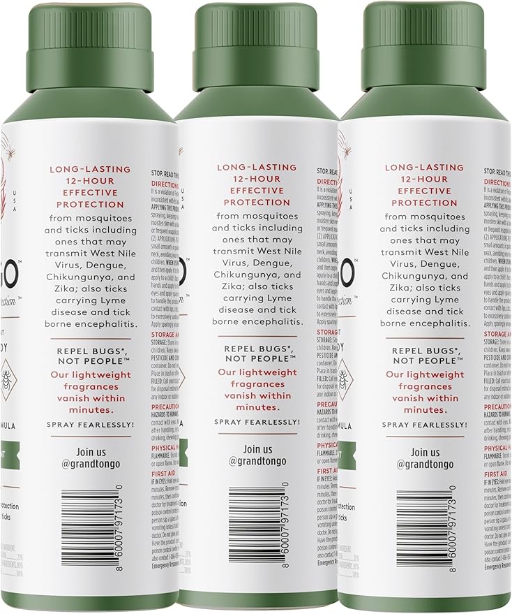 Grand Tongo Green Tea + Mint Insect Repellent, 12-Hour Mosquito & Tick Protection, Picaridin-Based, Water-Based, Lightweight, Quick-Drying, Vanishing Scent, DEET Alternative, Face & Body Use, 3 Pack