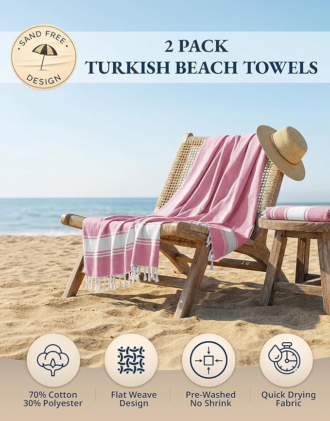 LANE LINEN Turkish Beach Towels, 2 Pack Extra Large Beach Towel, Pre-Washed for Soft Feel, Oversized Sand Free Quick-Dry Pool Towel, Beach Towels for Adults, 39"x71" - Candy Pink