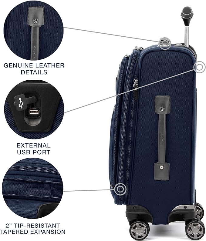 Travelpro Platinum Elite Softside Expandable Luggage, 8 Wheel Spinner Suitcase, TSA Lock, Men and Women, Dark Blue, 2-Piece Set (21/25)