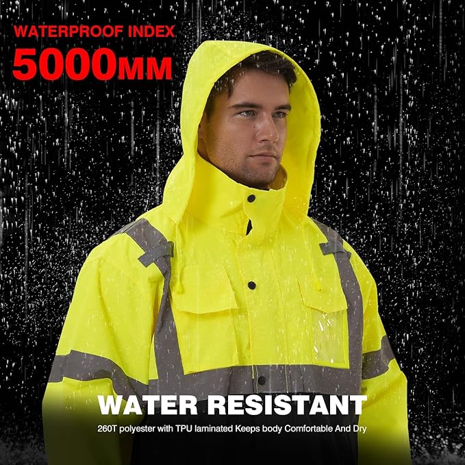 SKSAFETY Hi Vis Safety Rain Jacket for Men, Construction Work Rain Gear Heavy Duty Class 3 Rain Coat Waterproof Lightweight