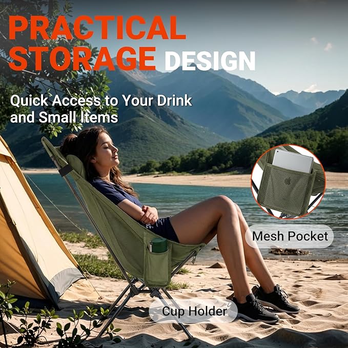 Overmont Oversized Camping Chair for Adults - 400lbs Support Heavy-Duty Padded Seat Outdoor Portable Folding Chair with Cooling Bag Cup Holder Carry Bag Comfortable for Sport Garden Beach Fishing Lawn