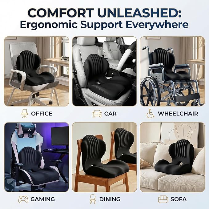 Ergonomic Seat Memory Foam Support Cushion for Back, Car Seat Back Support Cushion for Sciatica Tailbone Pain, Office Desk Chair Car Travel Seat Cushion (Black)