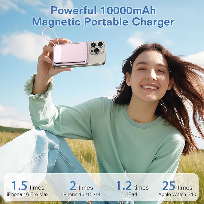 Magnetic Power Bank 10000mAh, Wireless Portable Charger with 15W Max Fast Charging & Built-in USB-C Cable, 22.5W PD LED Display Battery Pack Compatible with iPhone 17/16/15, Samsung Galaxy(pink)