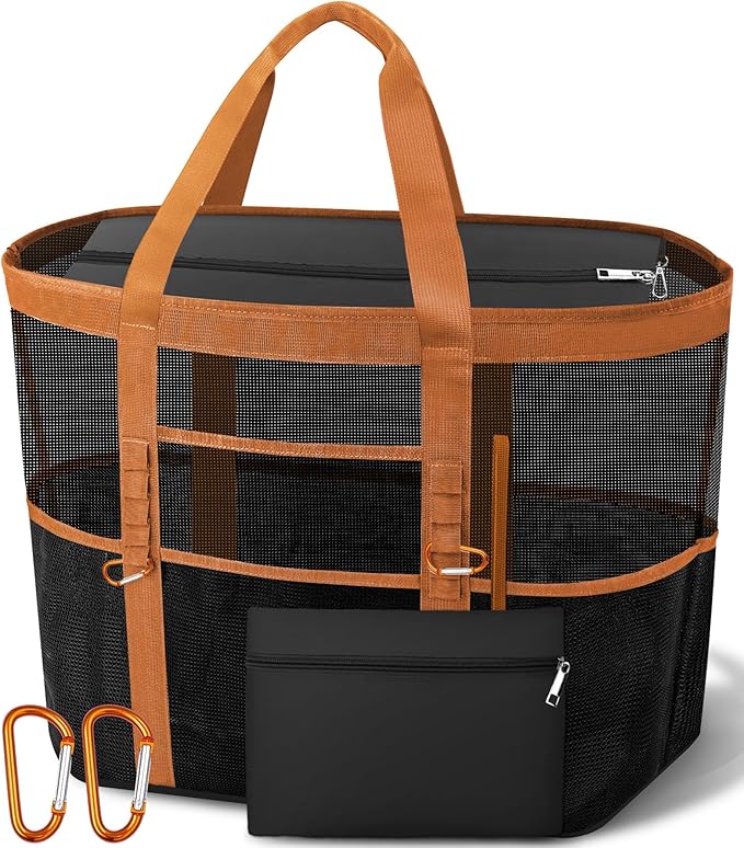2026 Stylish & Spacious XX-Large Beach Bag for Women – Mesh × Canvas Tote with Top Zipper, 11 Tall Pockets | 40L+ Spacious, 11 Tall Pockets, Zipper Pouch, Secure Zip-Top, Sand-Resistant Base