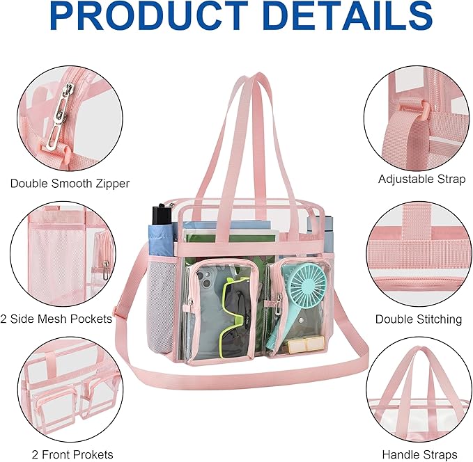 XCU Clear Bag for Stadium Events 12x6x12 Large Clear Tote Bag Transparent Lunch Bag Adjustable Straps for Concert Sports Work