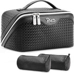 BOYATU Travel Makeup Bags for Women: Large Capacity Make up Bag with Wide Opening - 3 Pcs Set Waterproof Travel Toiletry Organizer for Full-Sized Bottles, Cosmetics & Brushes (Black-W)