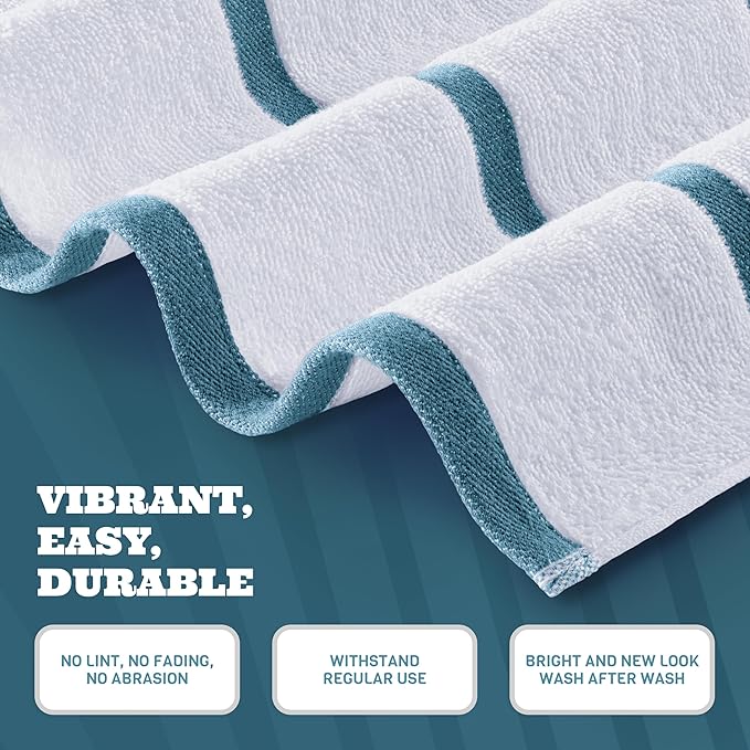 White Classic Cotton Pool Towels Oversized 30 x 60 Inches, Ultra Absorbent and Low Lint Striped Beach Towels for Adults, Stripes Design Luxury Extra Large Bath Towels, Light Blue, 4 Pack