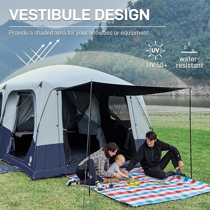 EVER ADVANCED 10 Person Camping Blackout Design Tent, Multi Room Tent for Family, Large Tents with Rainfly and Carry Bag, 2 Doors, Water-Resistant, 14ft x 10ft x 84in