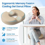Donut Pillow Seat Cushion - Cooling Gel Donut Chair Cushions, Memory Foam Seat Cushion for Office & Home, Car Seat Cushion and Butt Pillow, Hemorrhoids Pillow and Tailbone Pain Relief, Khaki