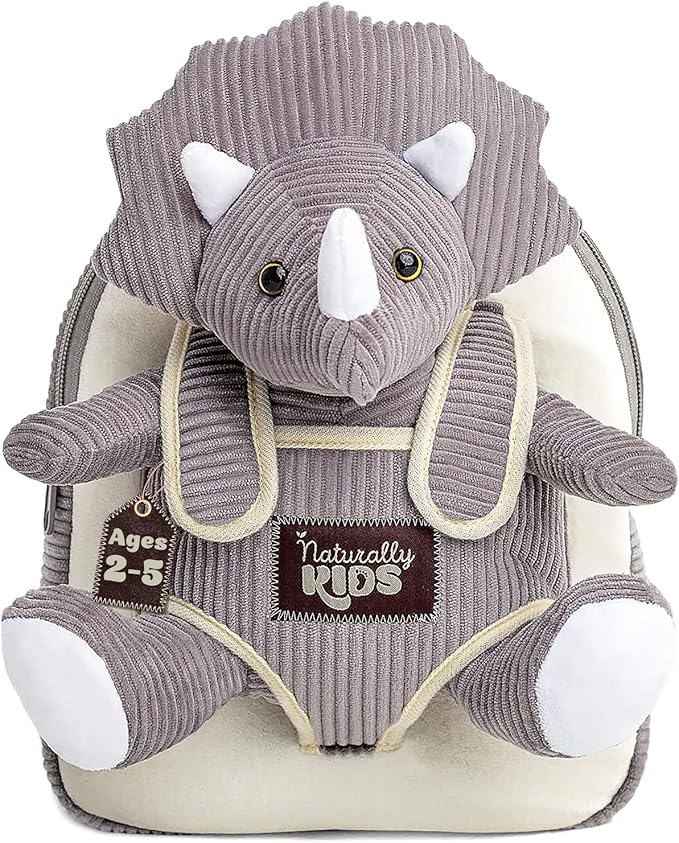 Naturally KIDS Small Dinosaur Backpack - Triceratops Dinosaur Toys for Kids 3-5 - Toddler Backpack for Boys & Girls - Grey Plush Stuffed Animal