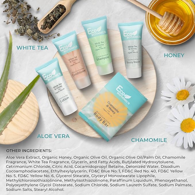 Travel Size Hotel Toiletry Set 75 Count 0.85 oz Bottles Guest Amenities for Airbnb Vacation Rentals and Short Term Rentals Paraben Free White Tea Scent Infused with Aloe and Olive Oil by Eco Botanics