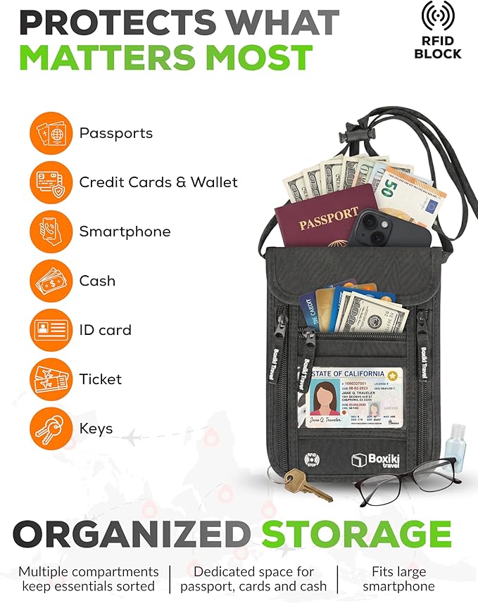 RFID Travel Neck Wallet - Black | Sleek, Secure Passport Holder and Money Pouch with Adjustable Neck Strap for Men and Women to Keep Cash, Credit Cards and Travel Documents Safe.