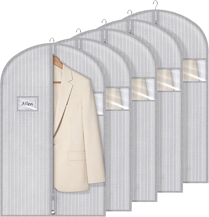 Syeeiex 40" Suit Bag, Set of 5 Garment Bags for Hanging Clothes, Suit Bags for Closet Storage, Garment Bags for Storage Suits,T-shirts, Jackets and Coats(Grey Arrow)