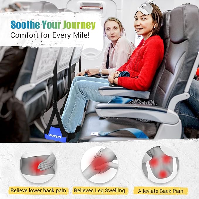 2-Pack Foot Hammock for Plane Travel, No Collapse Thickened Bamboo Airplane Foot Rest with Extended Adjustment Strap, Portable Desk Foot Hammock to Relax Your Feet, Foot Sling Travel Essentials(Blue)