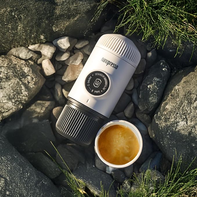 WACACO Nanopresso Portable Espresso Maker Bundled with Protective Case, Upgrade Version of Minipresso, Mini Travel Coffee Machine, Perfect for Camping, Travel and Office (New Elements Chill White)