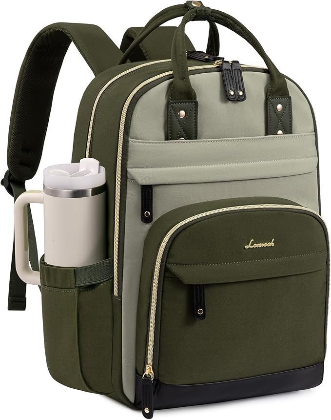 LOVEVOOK Laptop Backpack Women with Giant Cup Holder,15.6 inch Work Travel Backpack Computer Laptop Bag,Cute College Nurse Teacher Backpack Purse,Gift for Women & Men,Olive green-Bean green-Kelp green