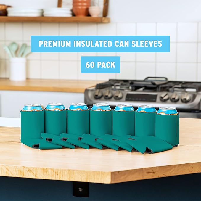 Blank Beer Can Cooler Sleeves (60-Pack) Soft Insulated Beer Can Coolies - HTV Friendly Blank Koolies in Bulk for Beer Cans & Bottles - Coolie Blanks for Vinyl Projects & Wedding Favors (Teal)