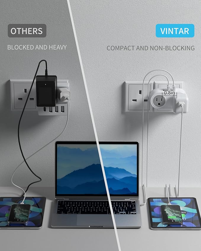 US to UK Ireland Travel Plug Adapter 2 Pack, VINTAR Type G Plug Adapter with 2 Outlets 3 USB Ports(1 USB-C), UK Power Adaptor for USA to England Scotland Dubai Hong Kong British Kenya London