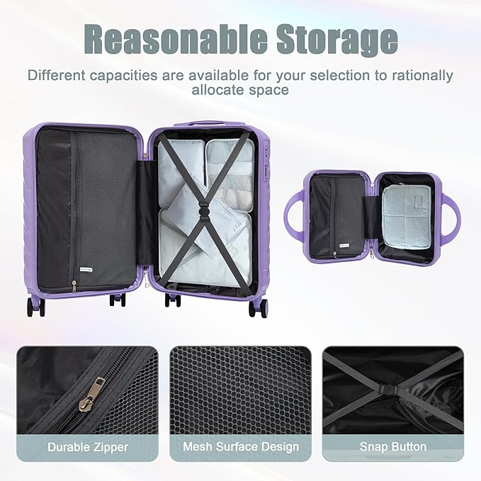 Kids Luggage Sets for Girls, 2 Piece Luggage Set, 20 Inch Rotating Wheel Suitcase with 14 Inch Cosmetic Case, Lightweight Hardshell Suitcase with 360° Spinner Wheels for Travel (Purple)