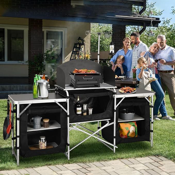 JOUYEK Cmaping KitchenTable, Aluminum Folding Camping Cook Station with Windshield, Upgrade Light Stand, Storage Bag, Quick Installation for Outdoor, Picnic, Cooking