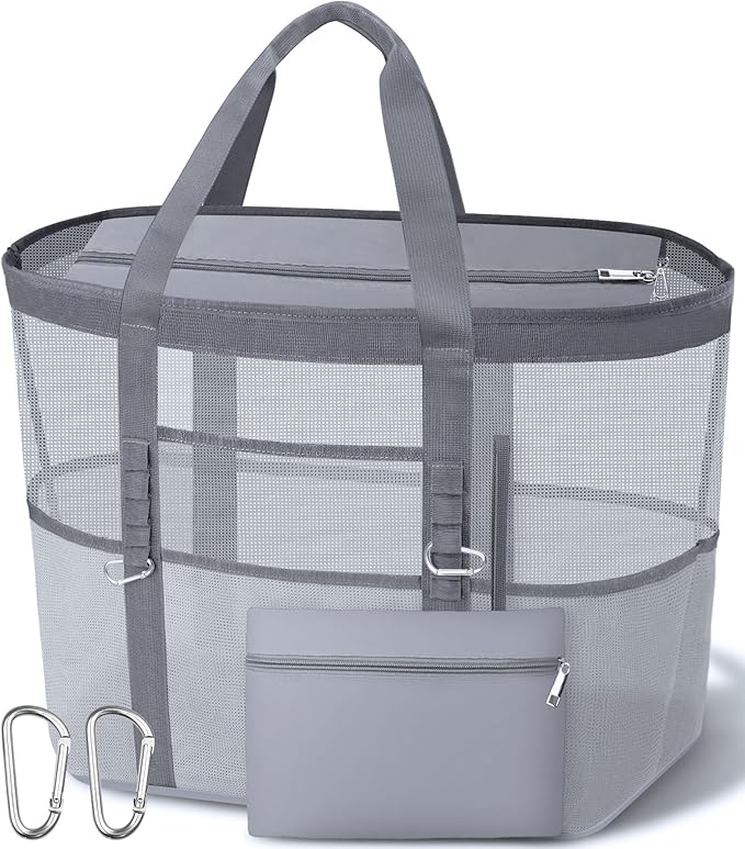 2026 Stylish & Spacious XX-Large Beach Bag for Women – Mesh × Canvas Tote with Top Zipper, 11 Tall Pockets | 40L+ Spacious, 11 Tall Pockets, Zipper Pouch, Secure Zip-Top, Sand-Resistant Base