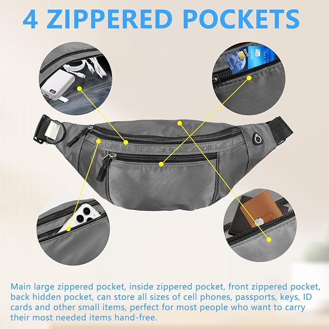 5PCS Crossbody Fanny Pack Bulk,Large Capacity Waist Bag with 4-Zipper Pockets Adjustable Strap Fanny Packs Waterproof Oxford Cloth Travel Belt Bag for Outdoor Shopping Travel Men Women,Gray