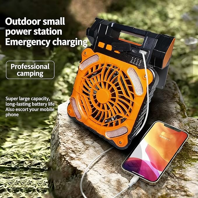 Upgraded Solar Camping Fan with Lantern - Rechargeable Battery Operated Fan 90° Adjustable Portable Table Fan for Hurricane Power Indoor Outdoor Use(Orange)