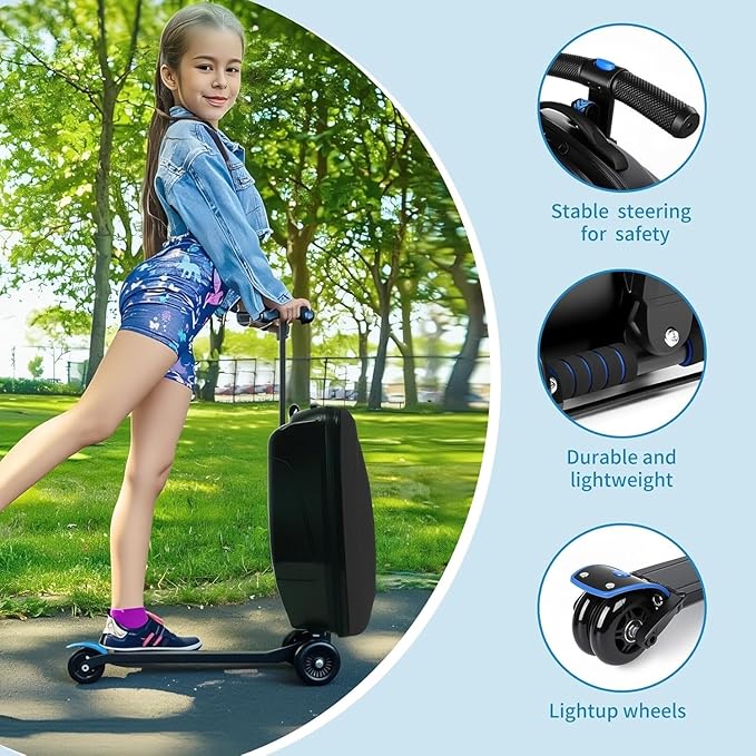 Scooter Suitcase Carry On Hardshell Ride On Suitcase Scooter for Kids Age 4-15, Multifunctional Ride On Lightweight Kids Luggage with Wheels(Black)