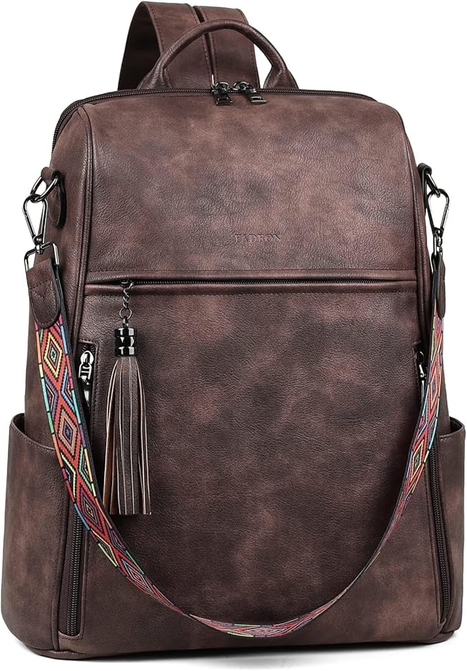 FADEON Leather Laptop Backpack for Women Designer 15.6 inch PU Laptop Bag, Ladies Travel Computer Work Backpack Coffee Brown