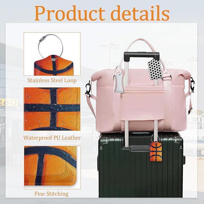 Football Basketball Baseball Luggage Tags for Suitcase 3 Pack, Leather Bag Tags Identifiers with Privacy Name Address Labels and Durable Steel Loop for Men Women Backpack