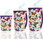 KJQJLY 3 Pack Reusable Iced Coffee Sleeves for Iced Coffee Cups or Drinks Reusable Neoprene Insulated Sleeves for Hot and Cold Drinks from Starbucks, Dunkin, And More (White butterfly)