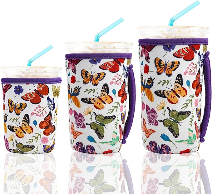 KJQJLY 3 Pack Reusable Iced Coffee Sleeves for Iced Coffee Cups or Drinks Reusable Neoprene Insulated Sleeves for Hot and Cold Drinks from Starbucks, Dunkin, And More (White butterfly)