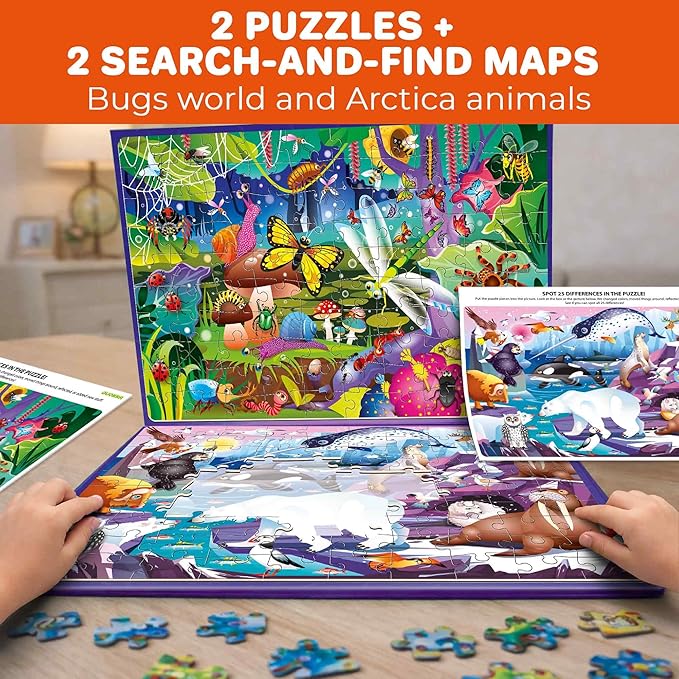 QUOKKA Magnetic Puzzles for Kids Ages 4-6 – 100 PCS Magnetic Puzzle Book for Toddlers 3-5 – 2 Puzzles & 2 Spot The Difference Maps – Search & Find Travel Games – Activity Book Bugs & Polar Animals