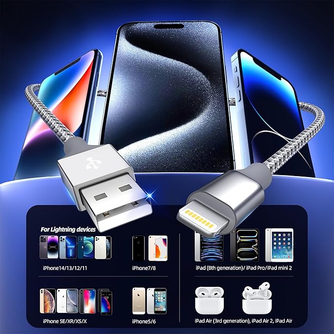 iPhone Charger 3pack 10FT Apple MFi Certified Long Lightning Cable Fast Charging High Speed Data Sync USB Cable Compatible iPhone 14/13/12/11 Pro Max/XS MAX/XR/XS/X/8/7/Plus/6S (Grey White)
