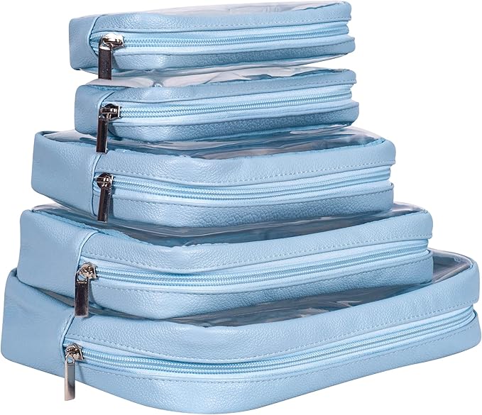 Remobia Hicol TSA Approved 5-Piece Diaper Bag Organizer Pouch Set Clear Waterproof TPU Kids Toiletry Storage Set Travel Packing Clutch Cube Bags for Baby Nursing (Blue)