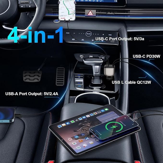 Retractable Car Charger 4 in 1, Fast Car Phone Charger with 2.6ft Cable, USB C and Lightning Car Chargers Adapter, Compatible with iPhone 16 15/15 Pro Max, Galaxy, Pixel, Travel Essentials