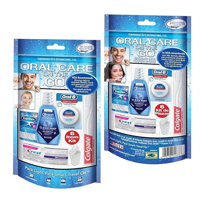 Convenience Kits International 6 Piece Oral Care Travel Kit, Toothbrush Toothpaste Mouthwash Dental Floss Flossers, Bilingual Packaging