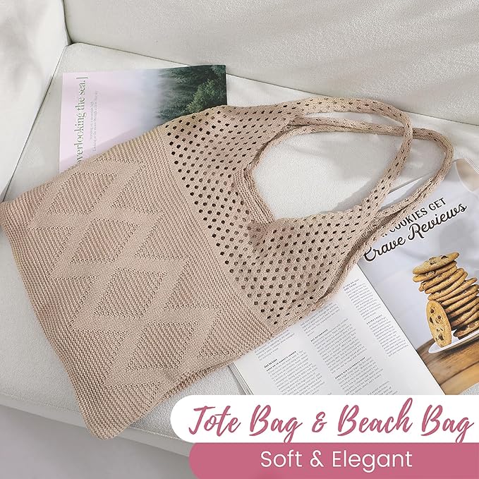 Pleneal Crochet Tote Bag, Mesh Beach Bag, Knitted Shoulder Beach Bags for Women Vacation Aesthetic Hobo Tote Bags