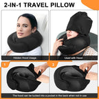 Travel Pillow - Hooded Neck Pillow Airplane Memory Foam Filling for Plane, Office, Cars Sleeping, Road Trip, Long Flights, Airplane Travel Essentials, Includes Eye Mask & Earplugs (Black)