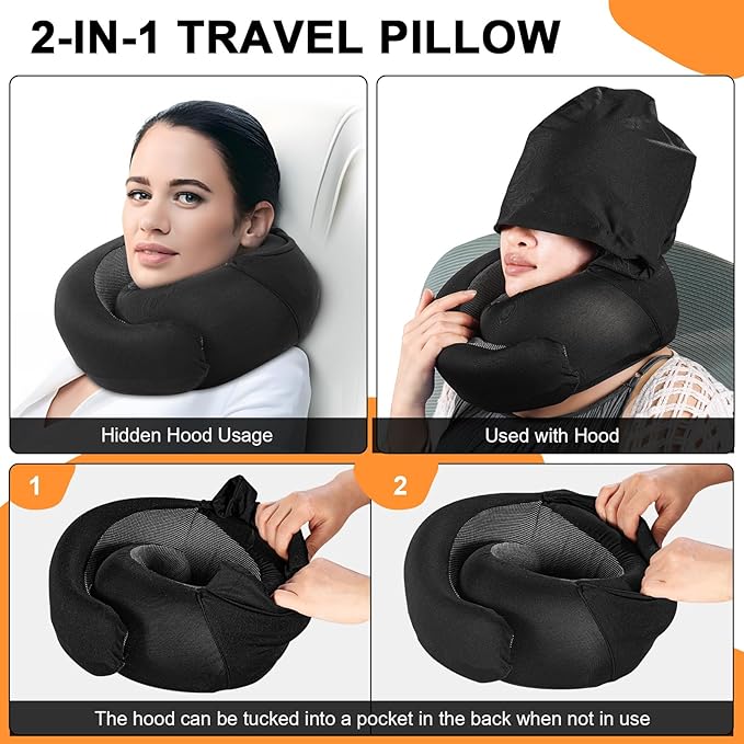 Travel Pillow Blanket Set - Hooded Neck Pillows Airplane with Portable Bag Earplugs, Memory Foam Filling, Long Flights Trip Essentials for Plane, Office, Cars Sleeping