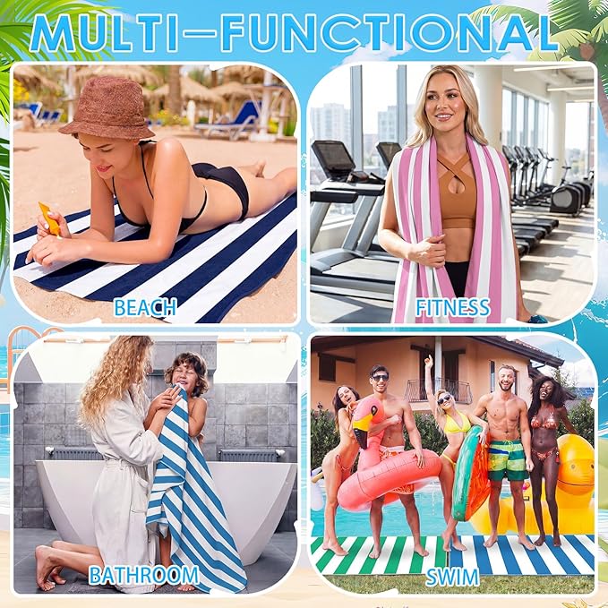 FuWeave 6 Pcs 72 x 36 Microfiber Oversized Beach Towels Large Absorbent Thin Compact Lightweight Sand Free Quick Dry Towels Pack for Travel Pool Yoga Gym Sports Beach Accessories(Stripe)