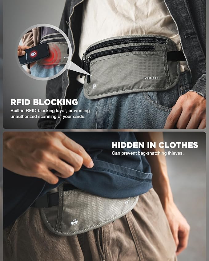 VULKIT Money Belt for Travel, Hidden Passport Holder, Anti-Theft Travel Wallet Under Clothes, RFID Blocking Waist Pouch, Undercover Fanny Pack, Cool Gray