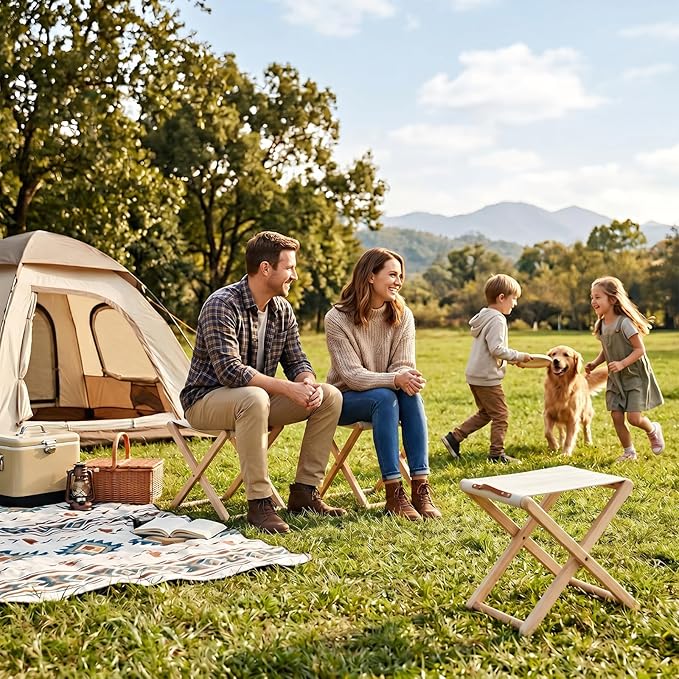 Folding Camping Stools Set of 4, Canvas Folding Stool with Wood Legs Portable Camp Stool Chairs for Outdoor Fishing Picnic Travel BBQ, Beige