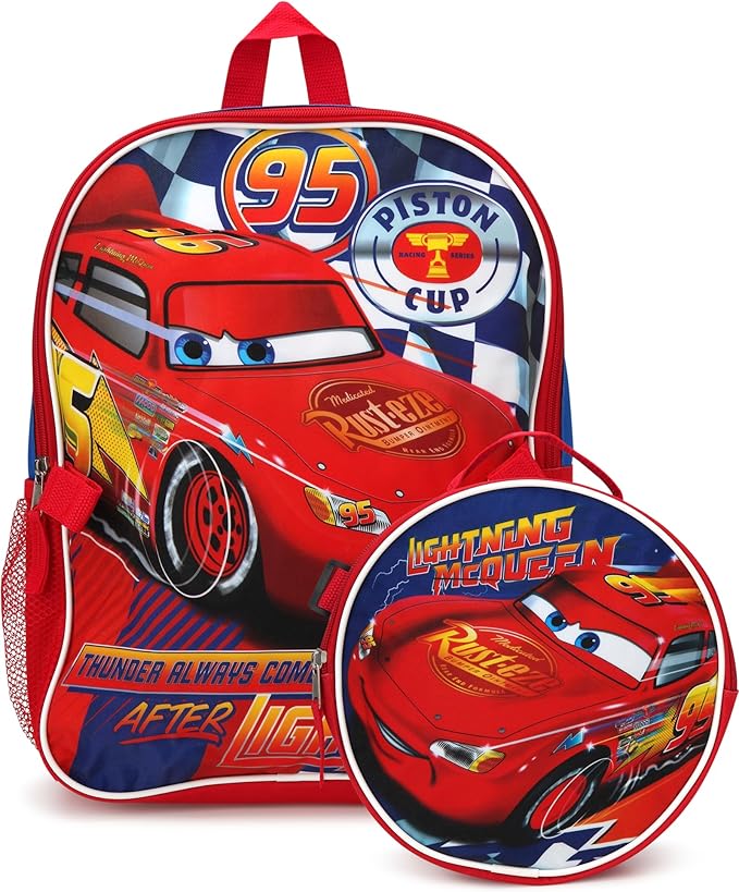 Fast Forward Lightning McQueen Boys Backpack and Lunch Box Set - 2 Piece 15 Inch School Backpack With Detachable Lunch Bag, Lightning McQueen Blue/Red
