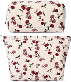 SOIDRAM 2 Pieces Rose Makeup Bag Large Corduroy Cosmetic Bag Capacity Canvas Mix Travel Toiletry Bag Organizer Cute Makeup Brushes Aesthetic Accessories Storage Bag for Women, Rose Mix White