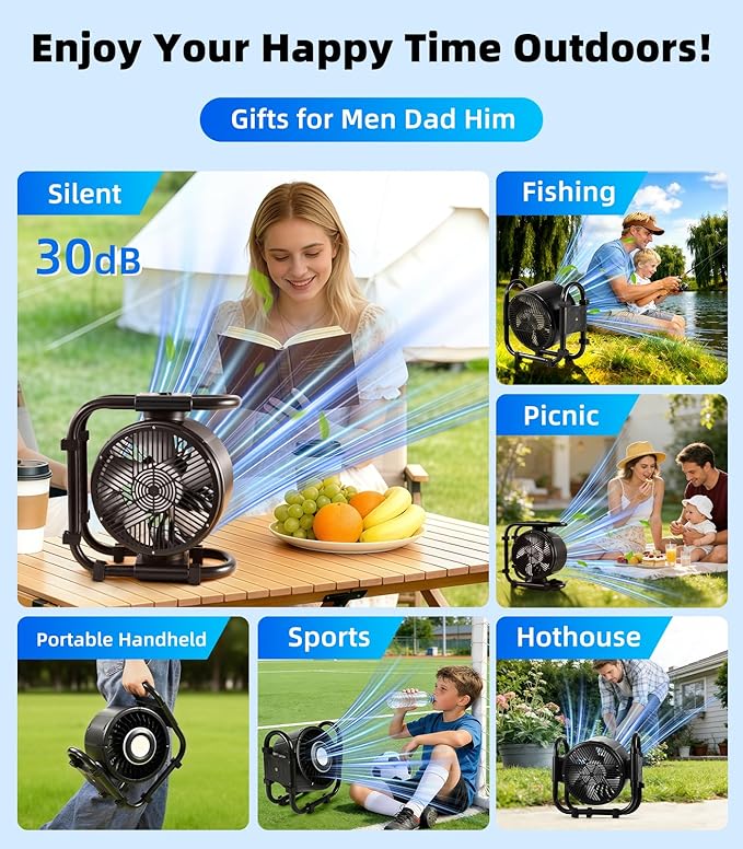 Portable Outdoor Oscillating Fan,6-Speed Oscillating Fan & 3-Speed Light,16000mAh Battery Powered Fan(24Hrs),For Indoor,Outdoor,Camping,Tent,Travel,Fishing,Jobsite,Gifts for Men Dad Him