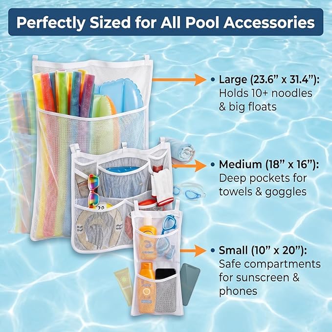 3 Pieces Above Ground Pool Storage Bag - 2 Pcs Pockets Bags & One Large Drawstring Mesh Organizer for Large Floats, Toys, Sports Balls, Towels & Beverages