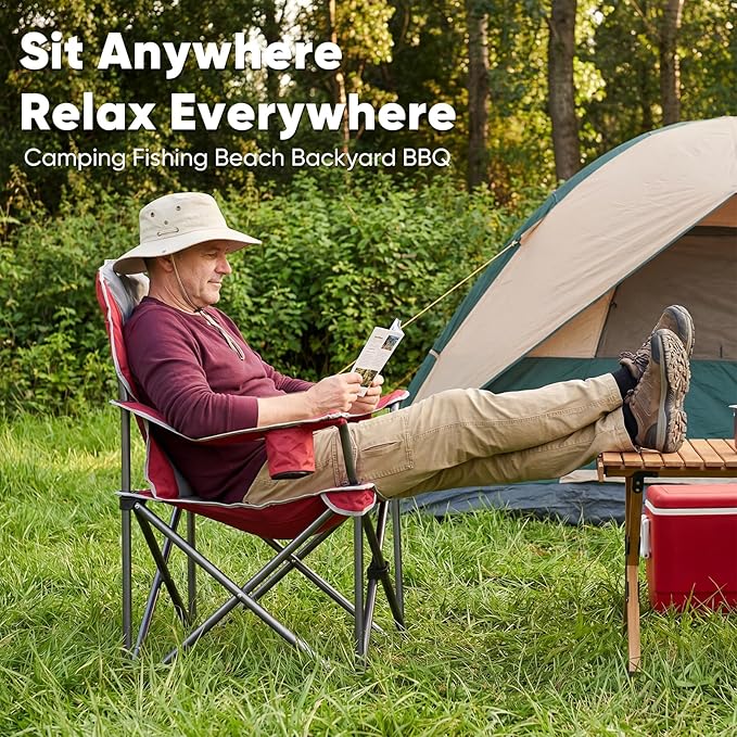 NEWBULIG Oversized Folding Camping Chair for Adults, Portable Outdoor Collapsible Chairs, 500 LBS Heavy Duty Support, with Cup Holders, for Lawn, Fishing, Hiking, Red